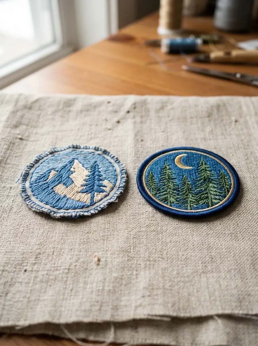 A hand-stitched patch beside a factory-finished patch on linen