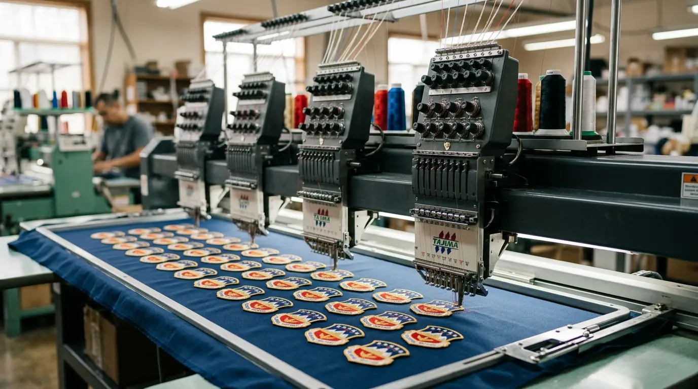 A multi-head embroidery machine stitching a sheet of patches