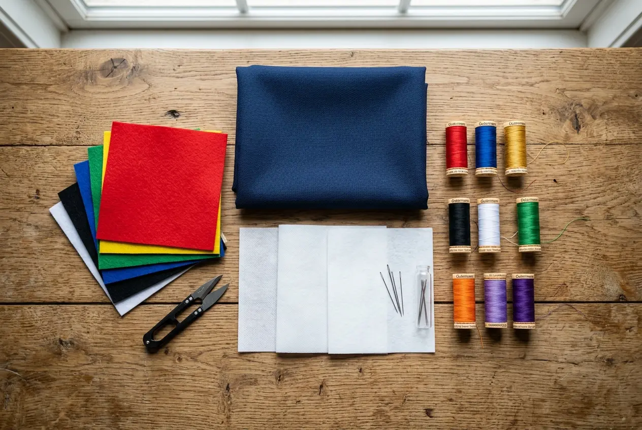 Flat lay of twill, felt, stabilizer and thread spools for patch making