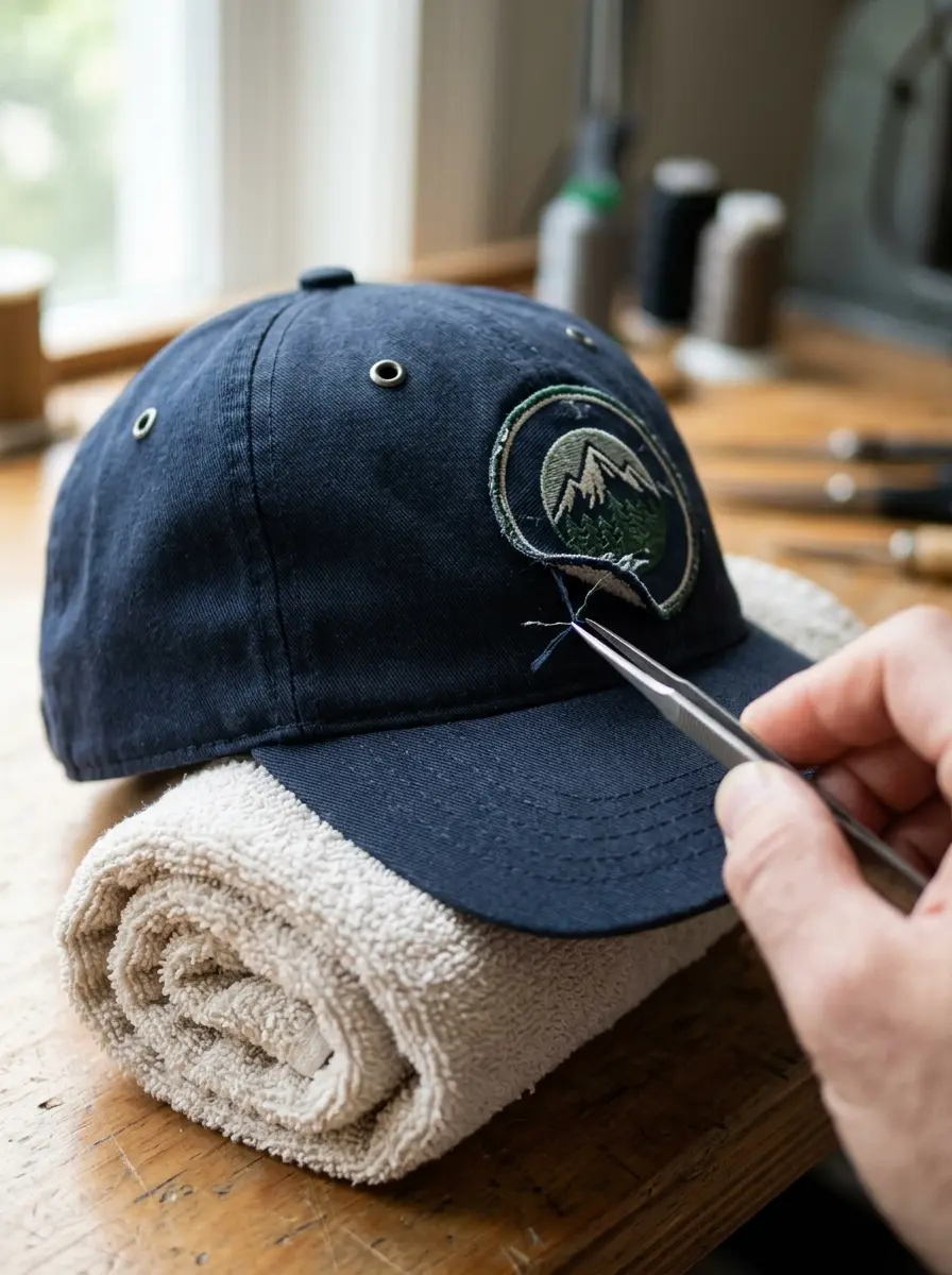 Baseball cap over a rolled towel with a patch being lifted by tweezers