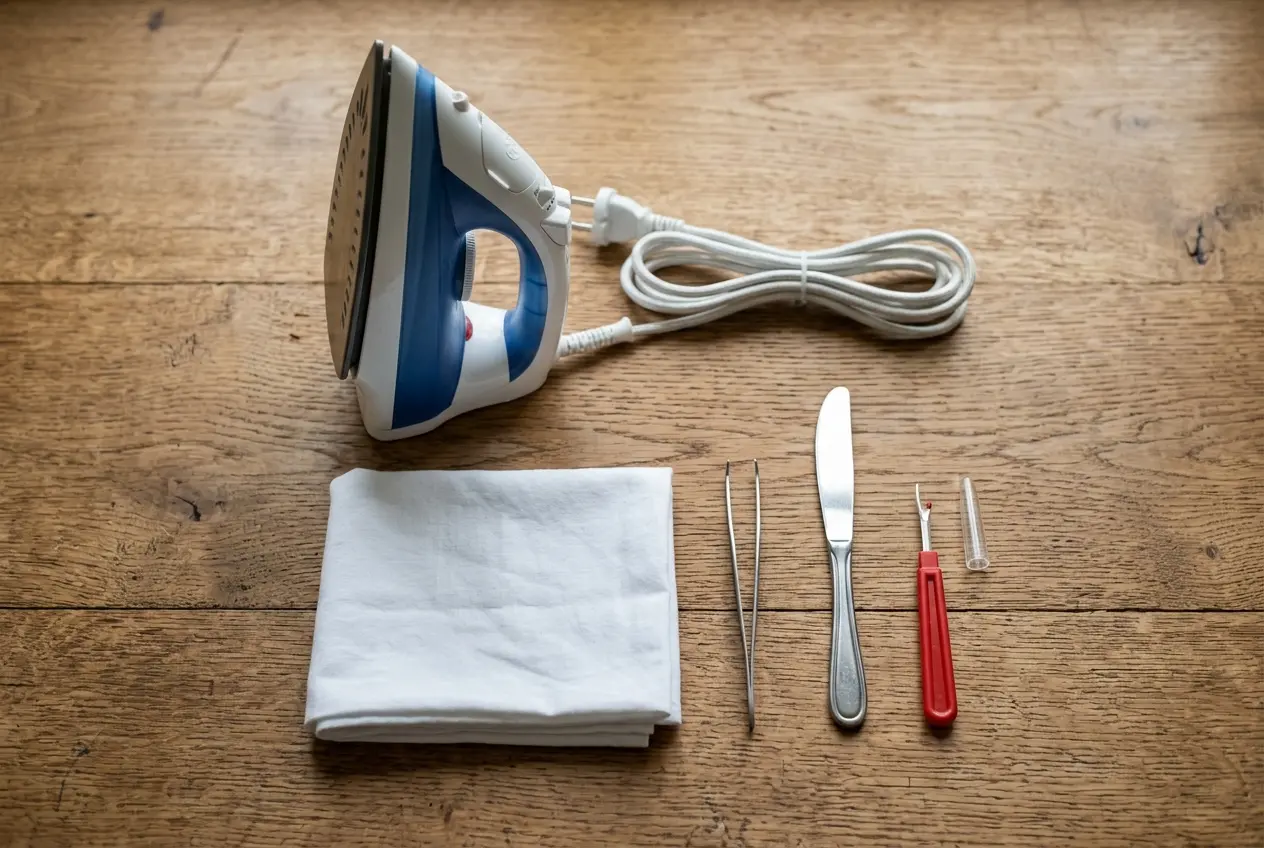 Iron, pressing cloth, tweezers and a seam ripper laid out on a folding table