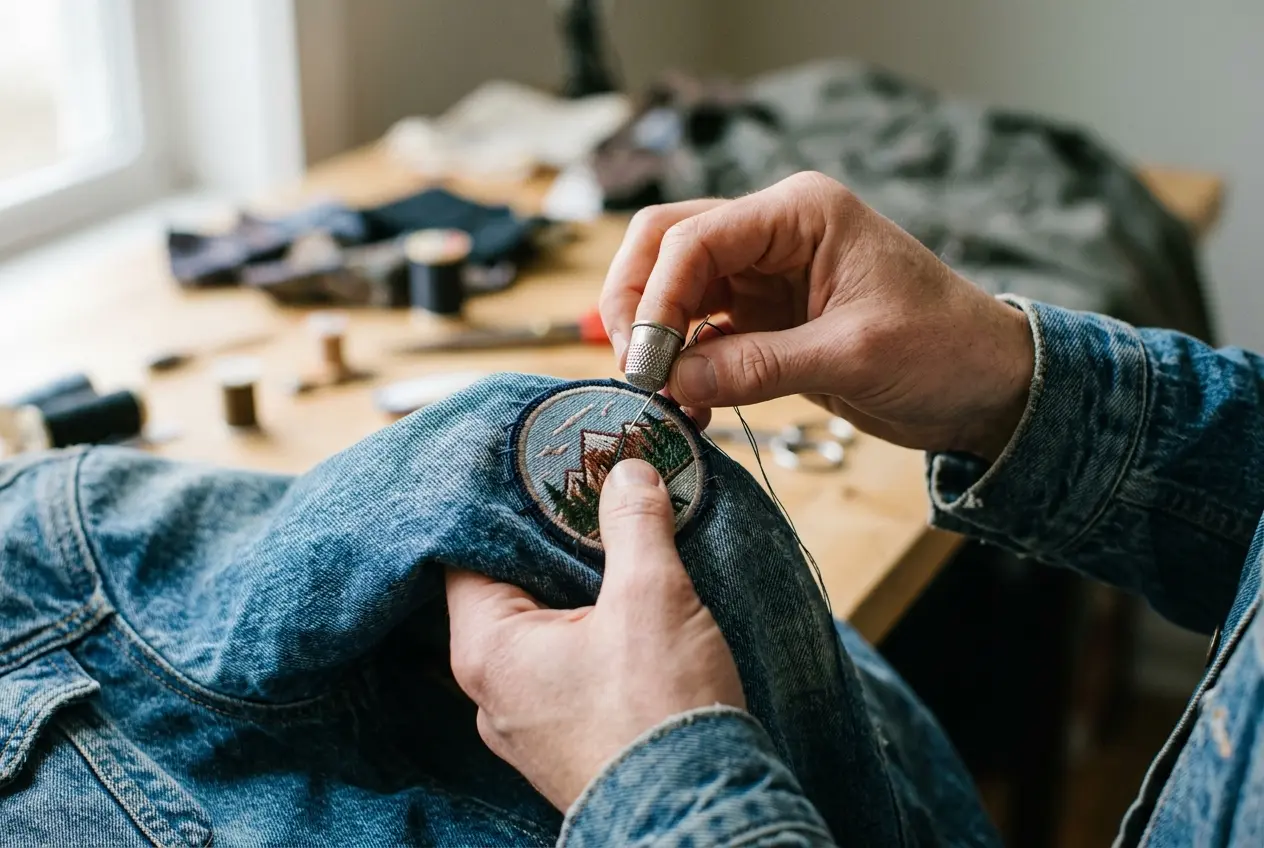 A patch being sewn onto a denim jacket sleeve with a thimble