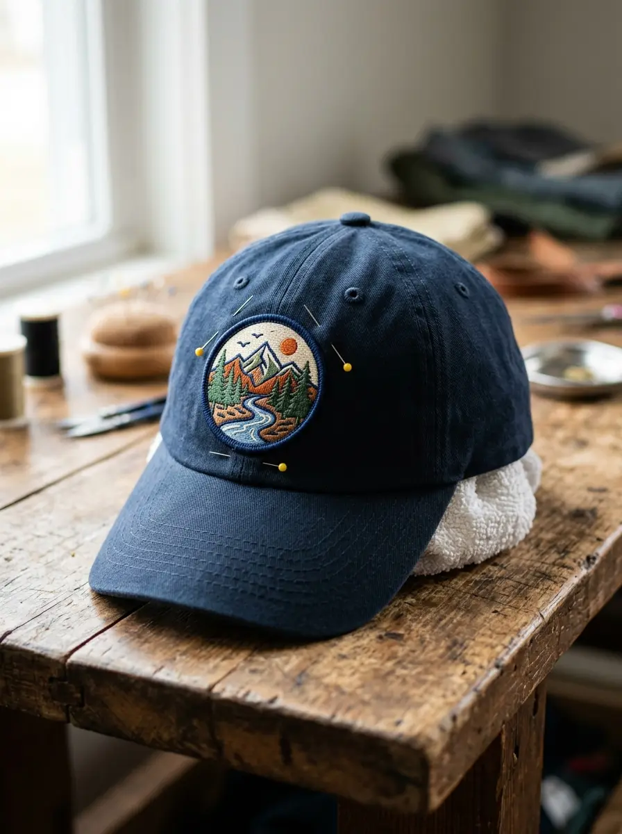 A baseball cap with a patch pinned on the front panel