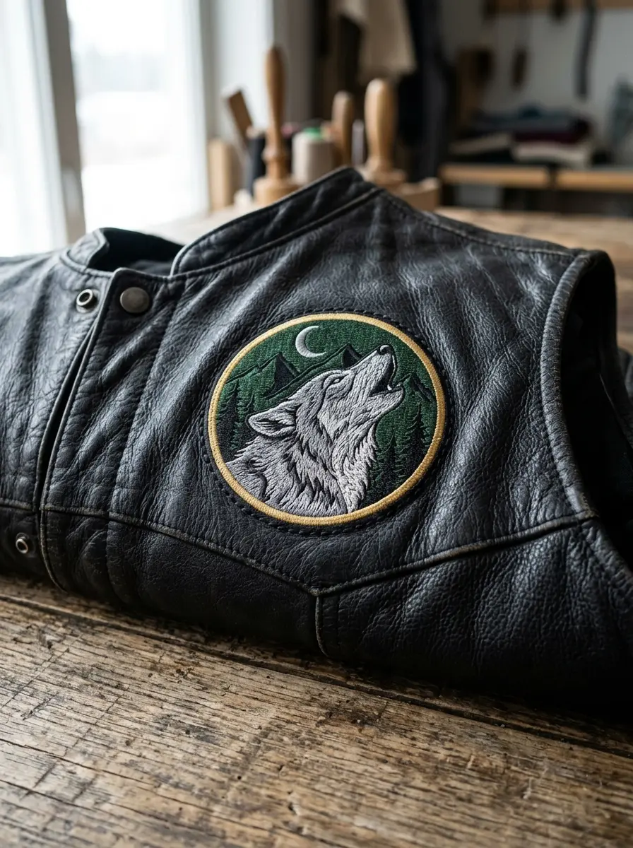 A patch sewn onto a leather vest with polyester thread