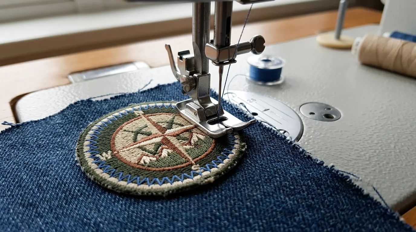 A sewing machine stitching a zigzag around a patch on denim