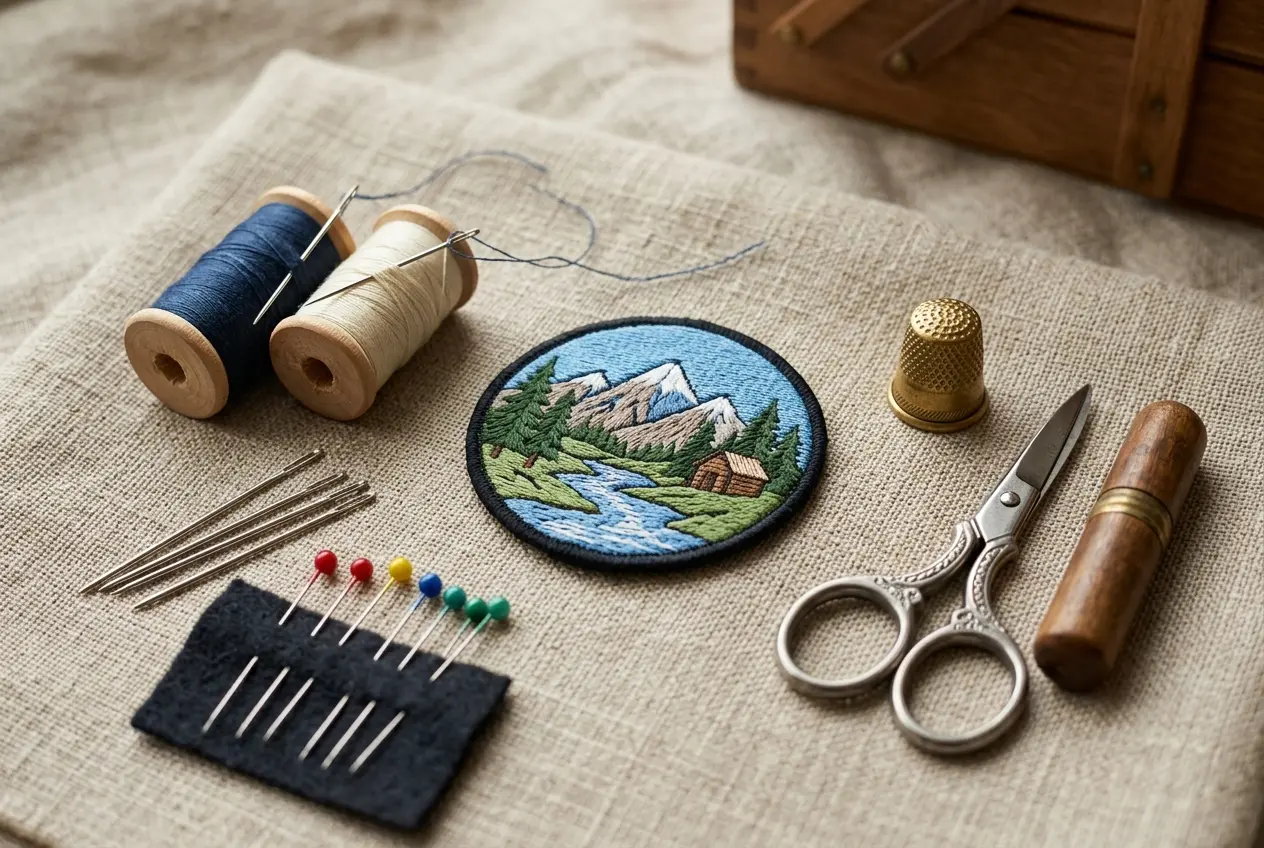 Flat lay of needles, thread, thimble, pins and scissors beside a patch