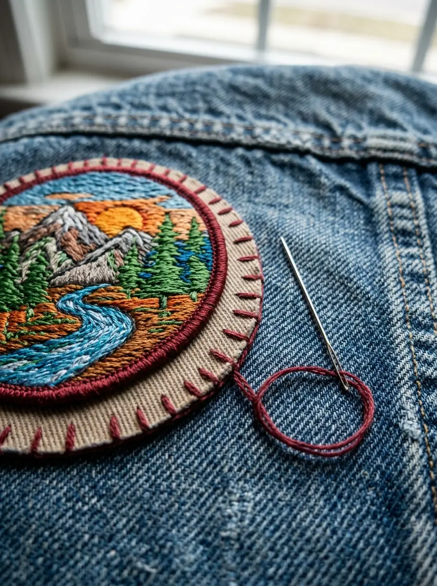 A patch on denim with a few hand stitches along the border