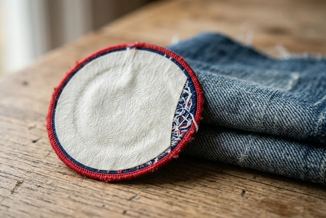 Back of an embroidered patch showing a matte adhesive layer beside a denim swatch
