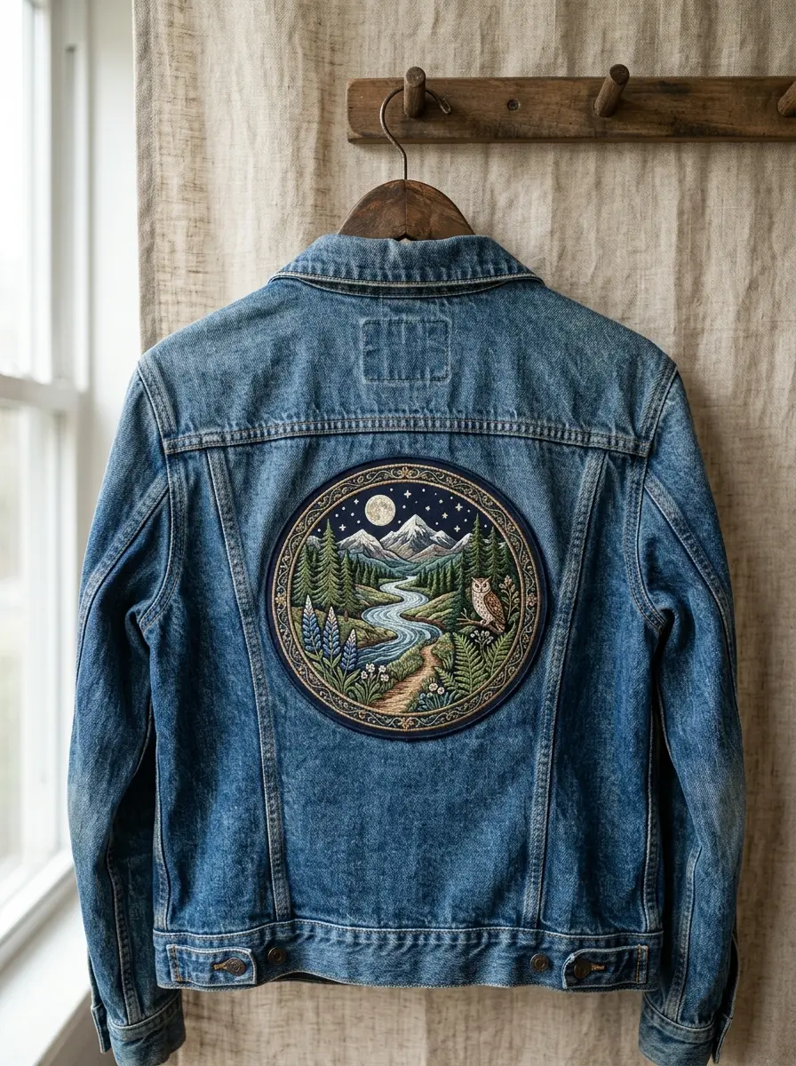 Denim jacket back with one large embroidered patch centered below the collar