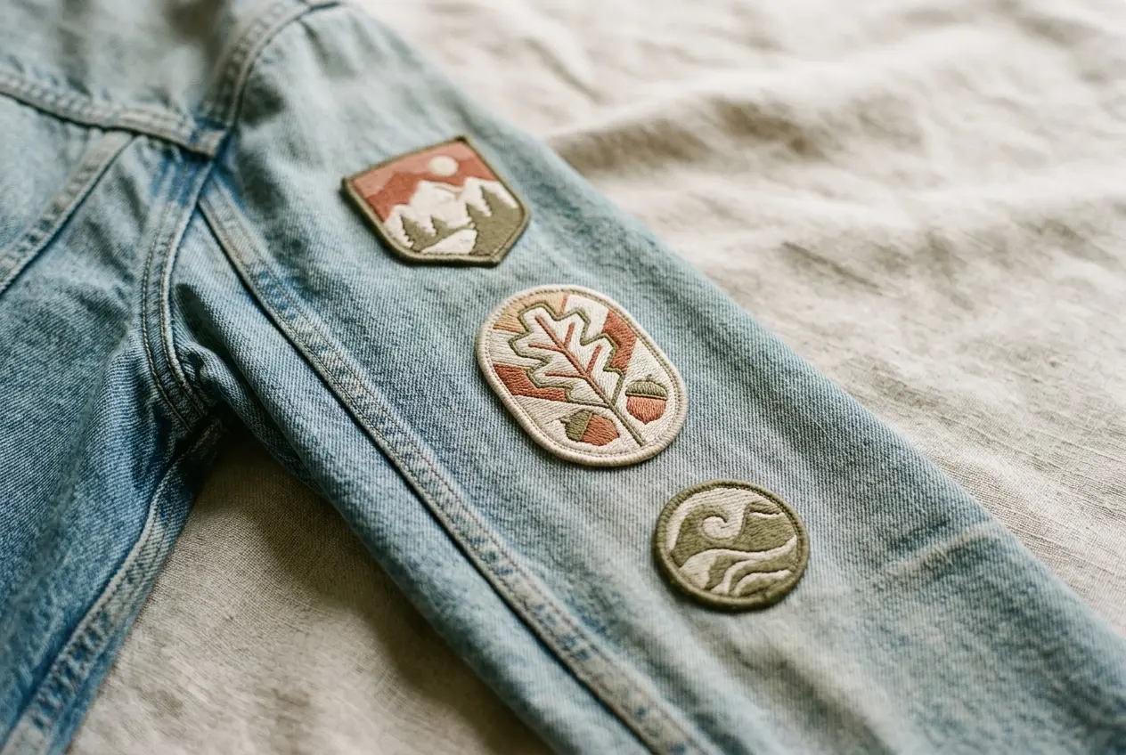 Faded blue denim jacket sleeve with muted rust, cream and olive embroidered patches