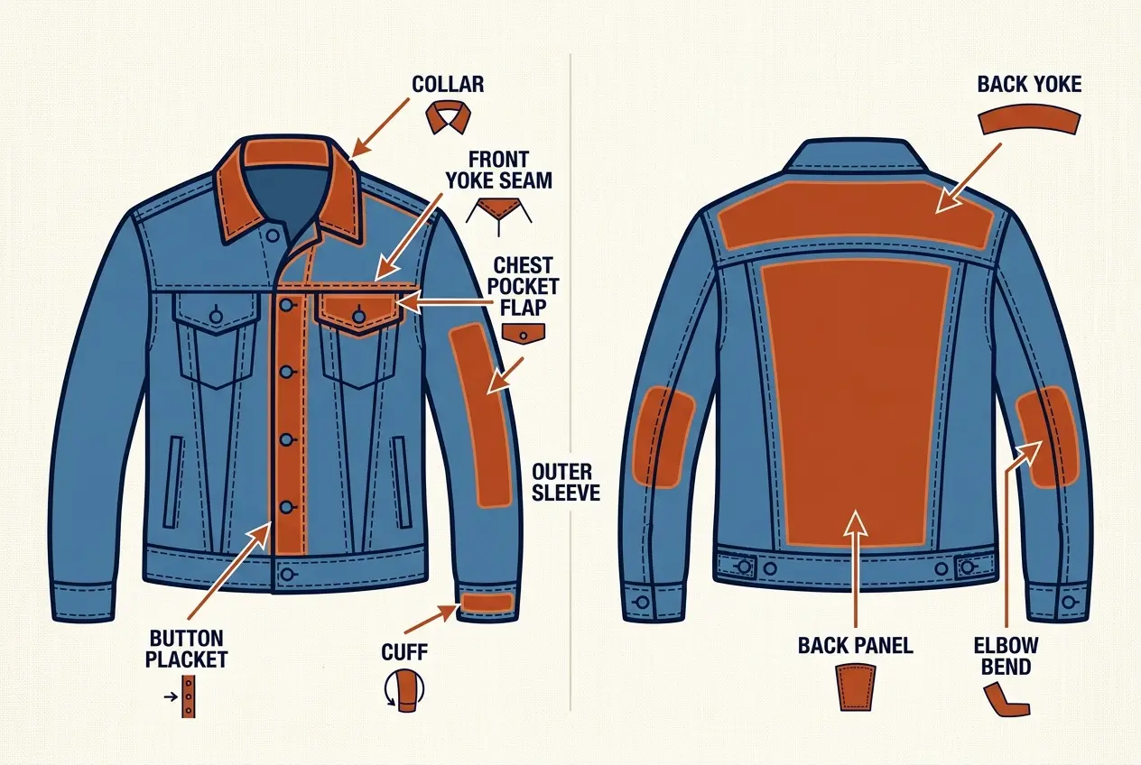 Infographic map of a denim jacket with labeled patch zones