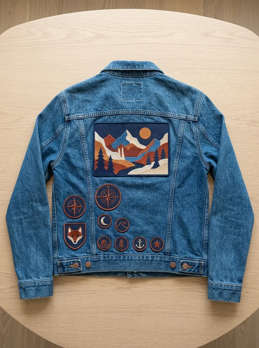 Denim jacket laid flat with one hero patch, mid sized patches and small fillers