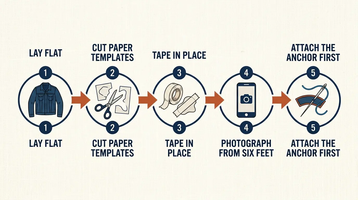 Five step flow for planning a patch layout on a denim jacket