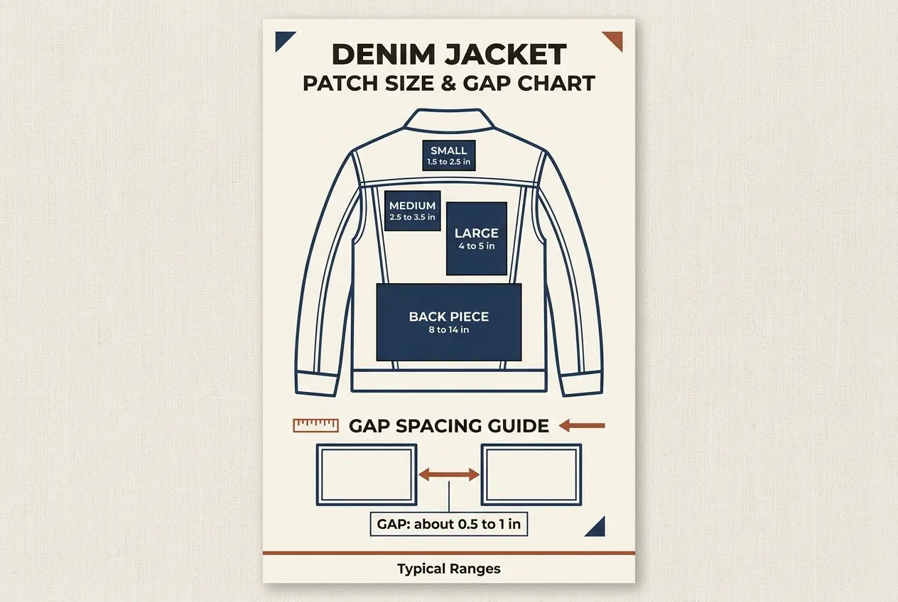 Infographic chart of typical patch sizes and gaps for a denim jacket
