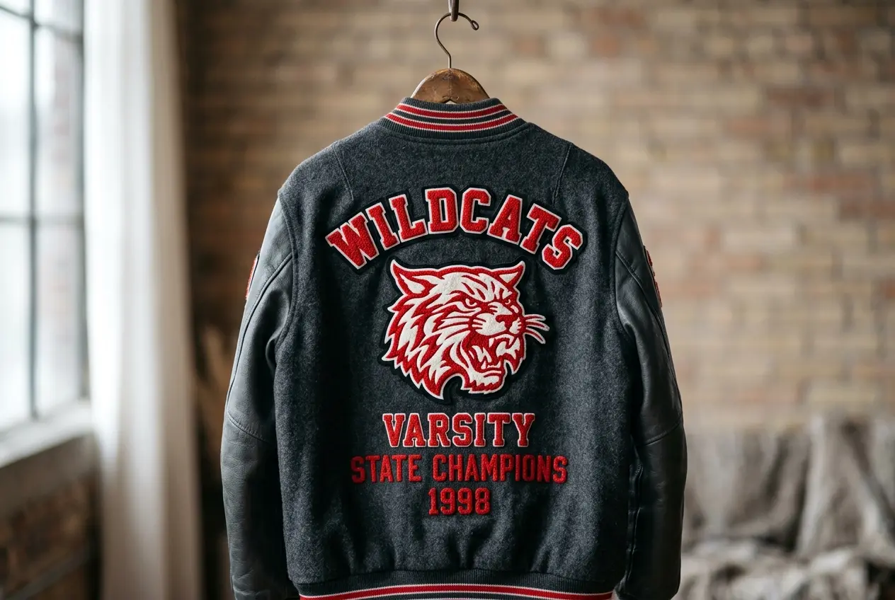 Large chenille mascot patch centered on the back of a wool jacket