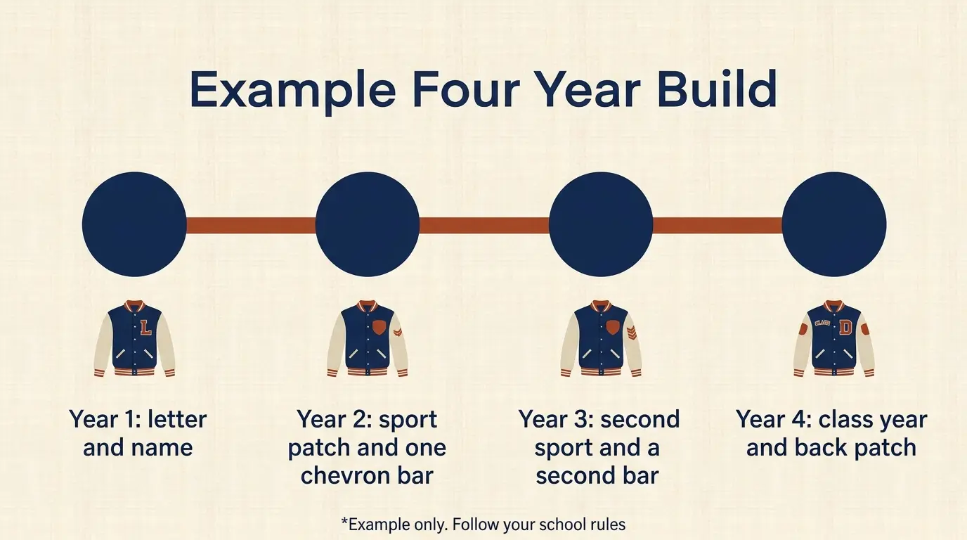 Infographic timeline of a letterman jacket layout growing over four years