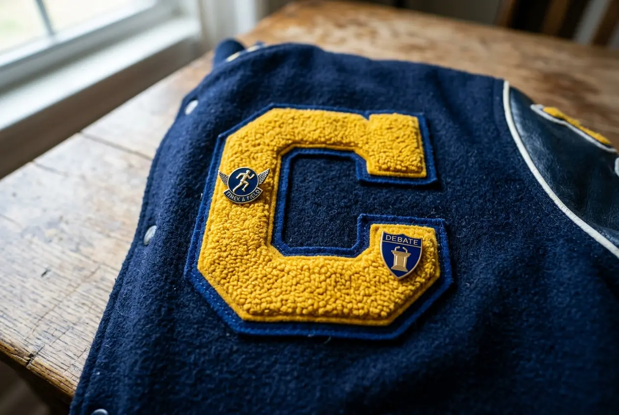 A gold chenille letter on the left chest of a navy wool jacket with two small pins