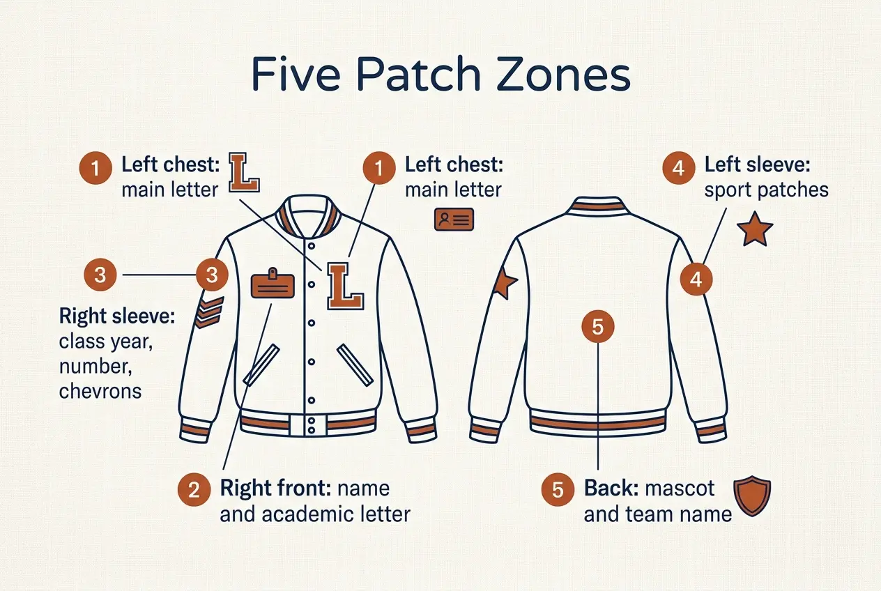 Infographic of a letterman jacket front and back with five labeled patch zones