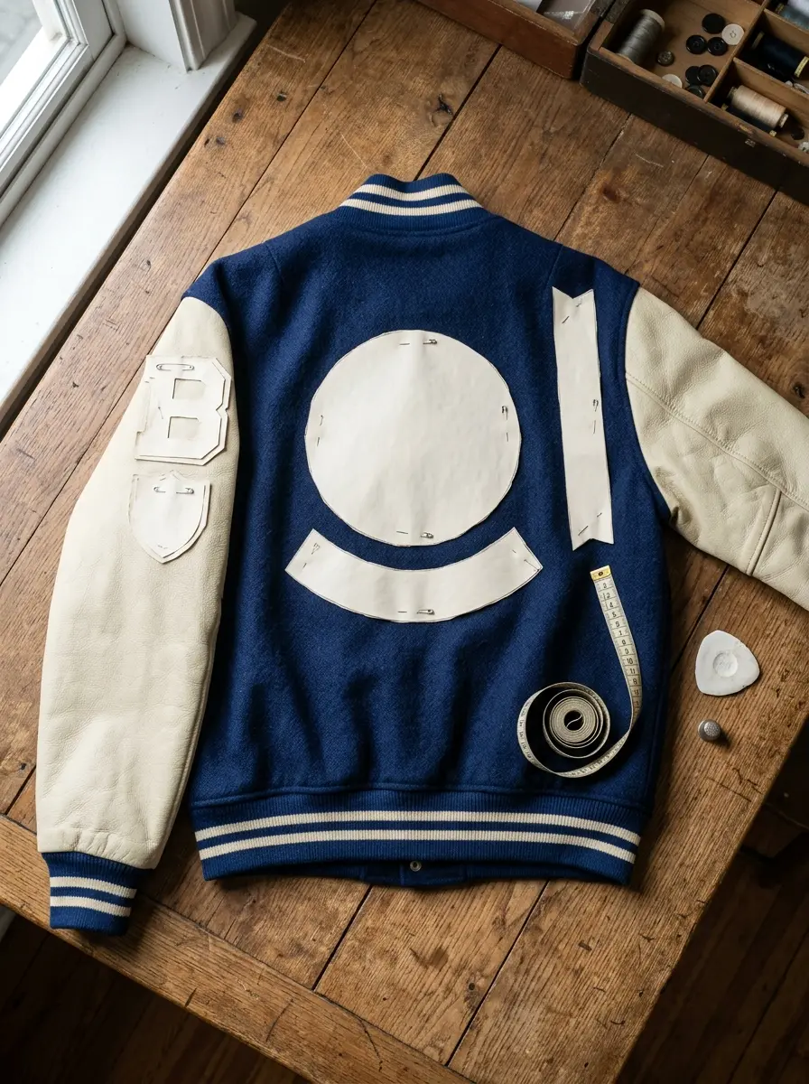 Paper patch templates pinned on a navy jacket on a table
