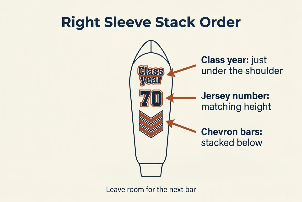 Infographic of a jacket sleeve showing class year, jersey number and chevron bars in order