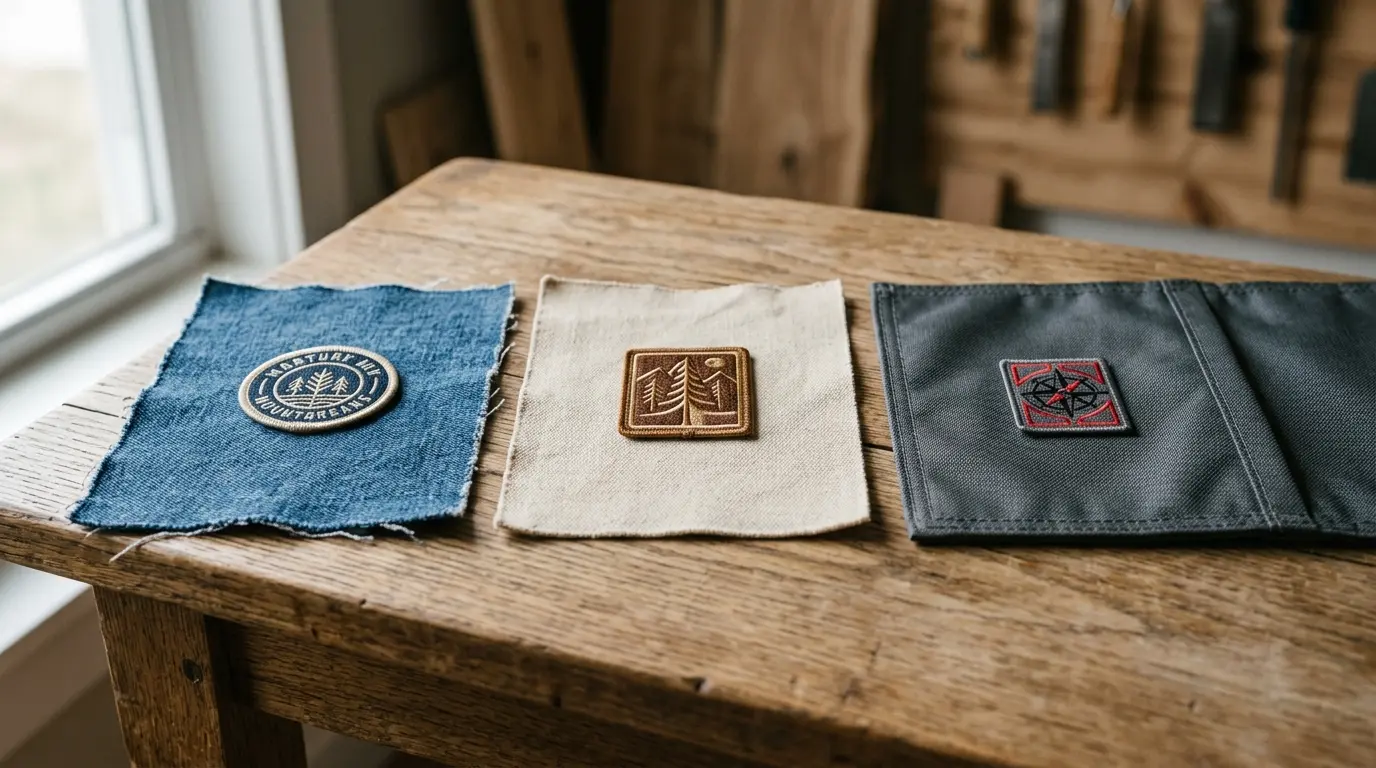 Patches on denim, canvas and a bag panel side by side
