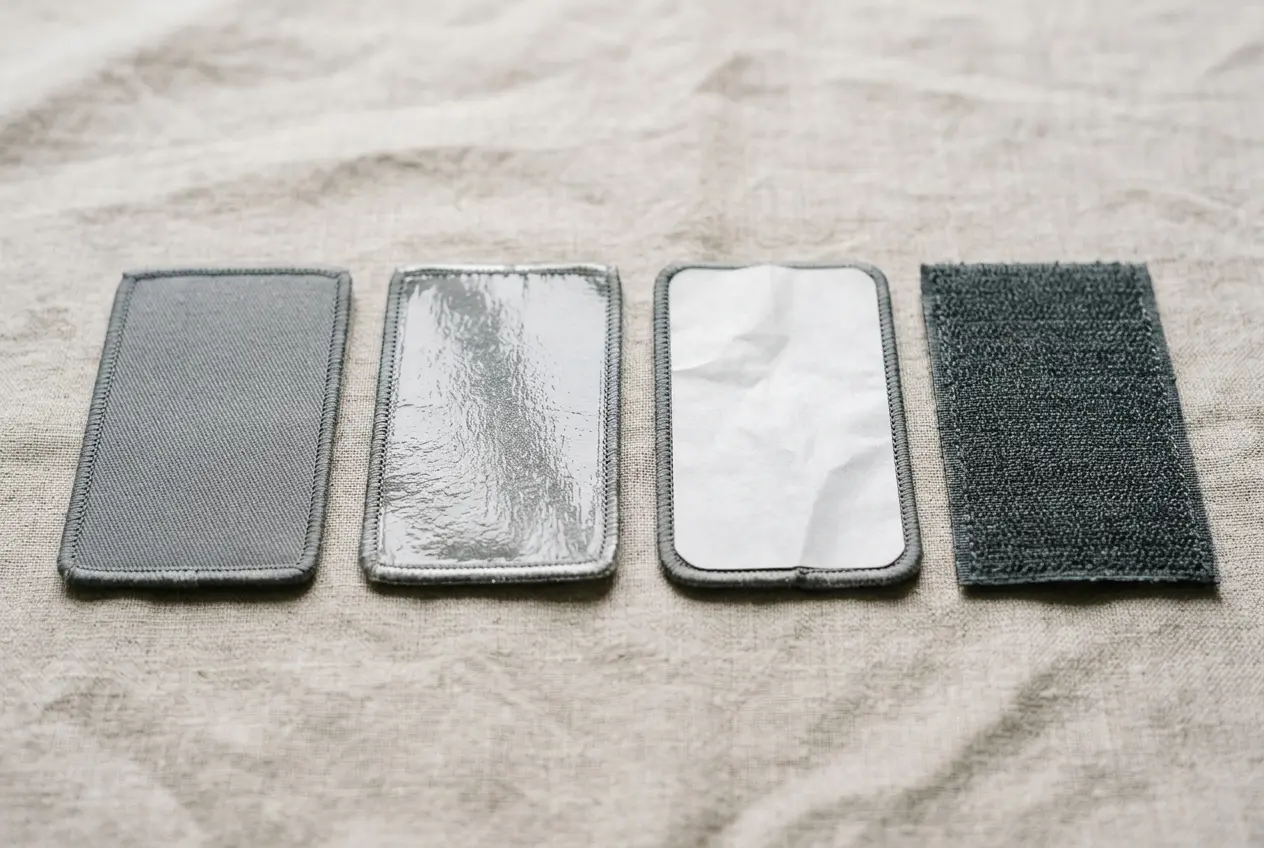 Four patch backs showing sew-on, iron-on, adhesive and hook backing