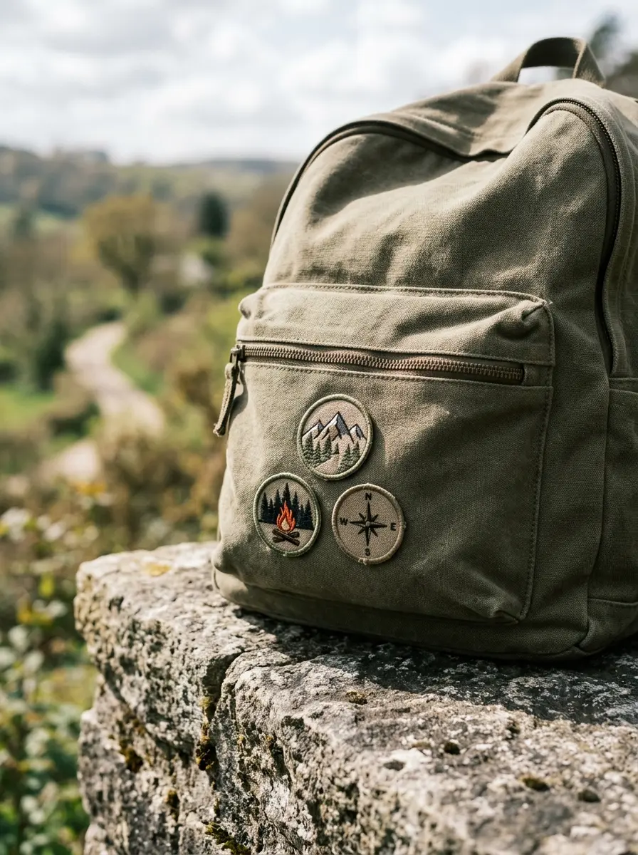 A canvas backpack with three small patches on the front pocket