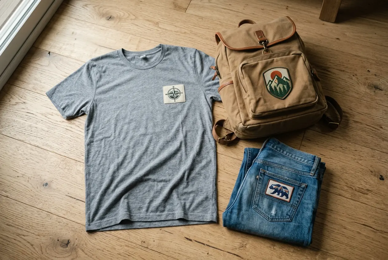 A tee, a backpack and jeans laid out with small patches on the best spots