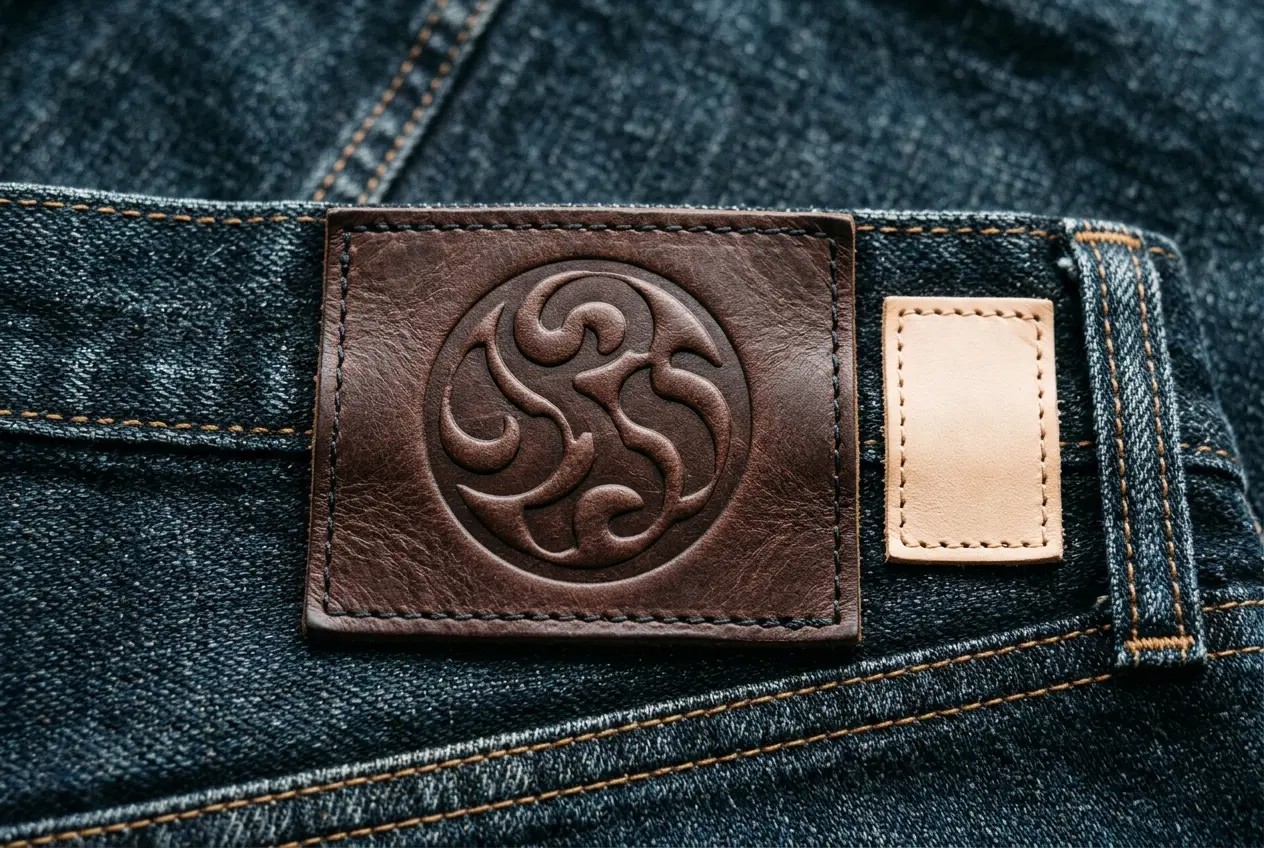 A debossed leather patch next to a small name patch on denim