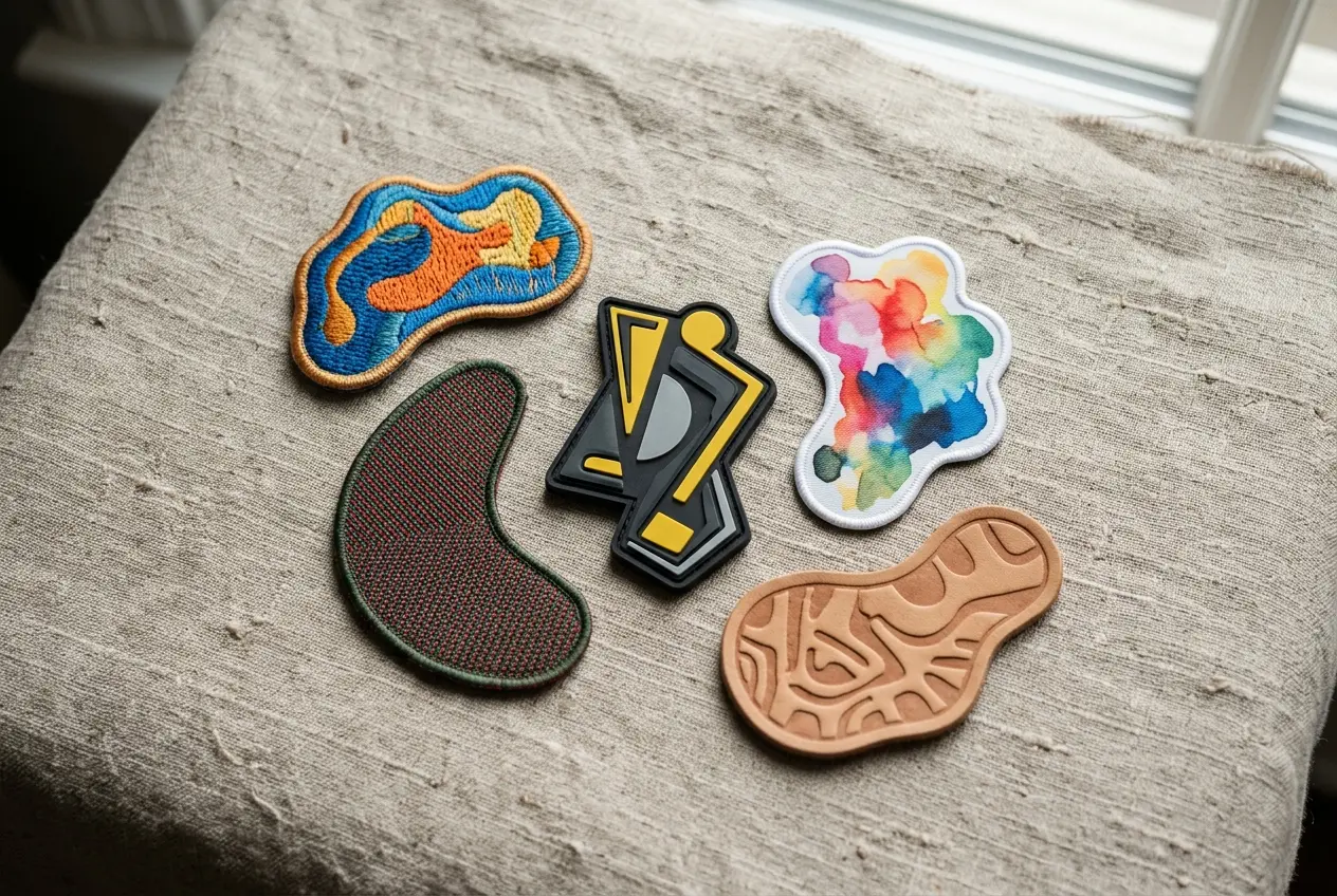 Five finished patch types laid out on linen: embroidered, woven, PVC, printed and leather