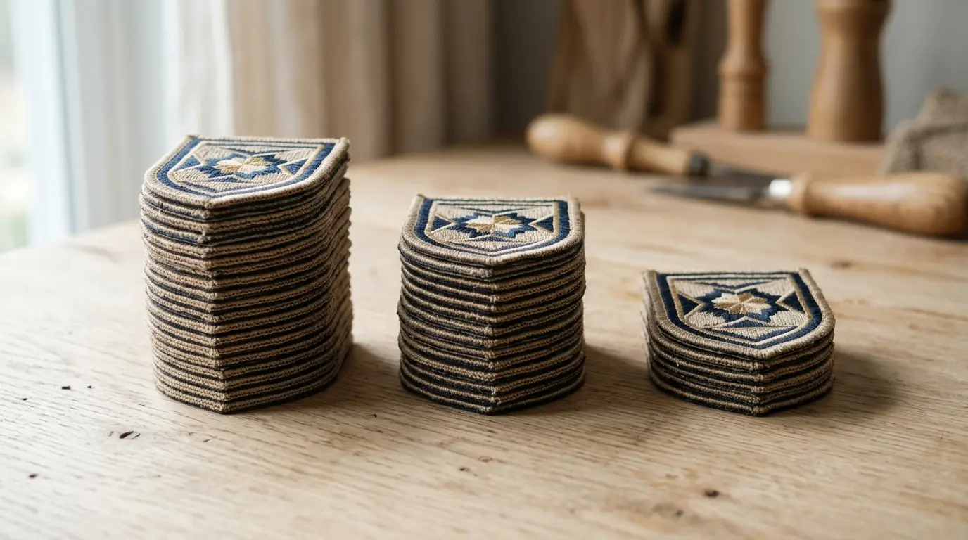 Small stacks of identical finished patches in different quantities on a wooden table