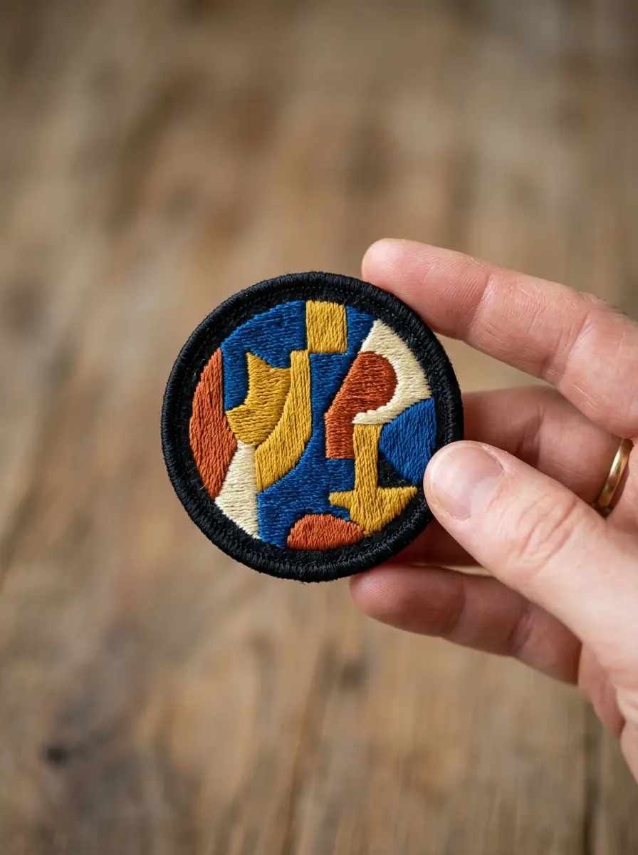 A small embroidered patch with bold simple shapes held between two fingers