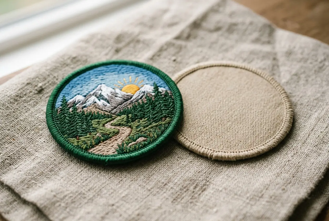 Close view of a merrowed patch border on a linen background