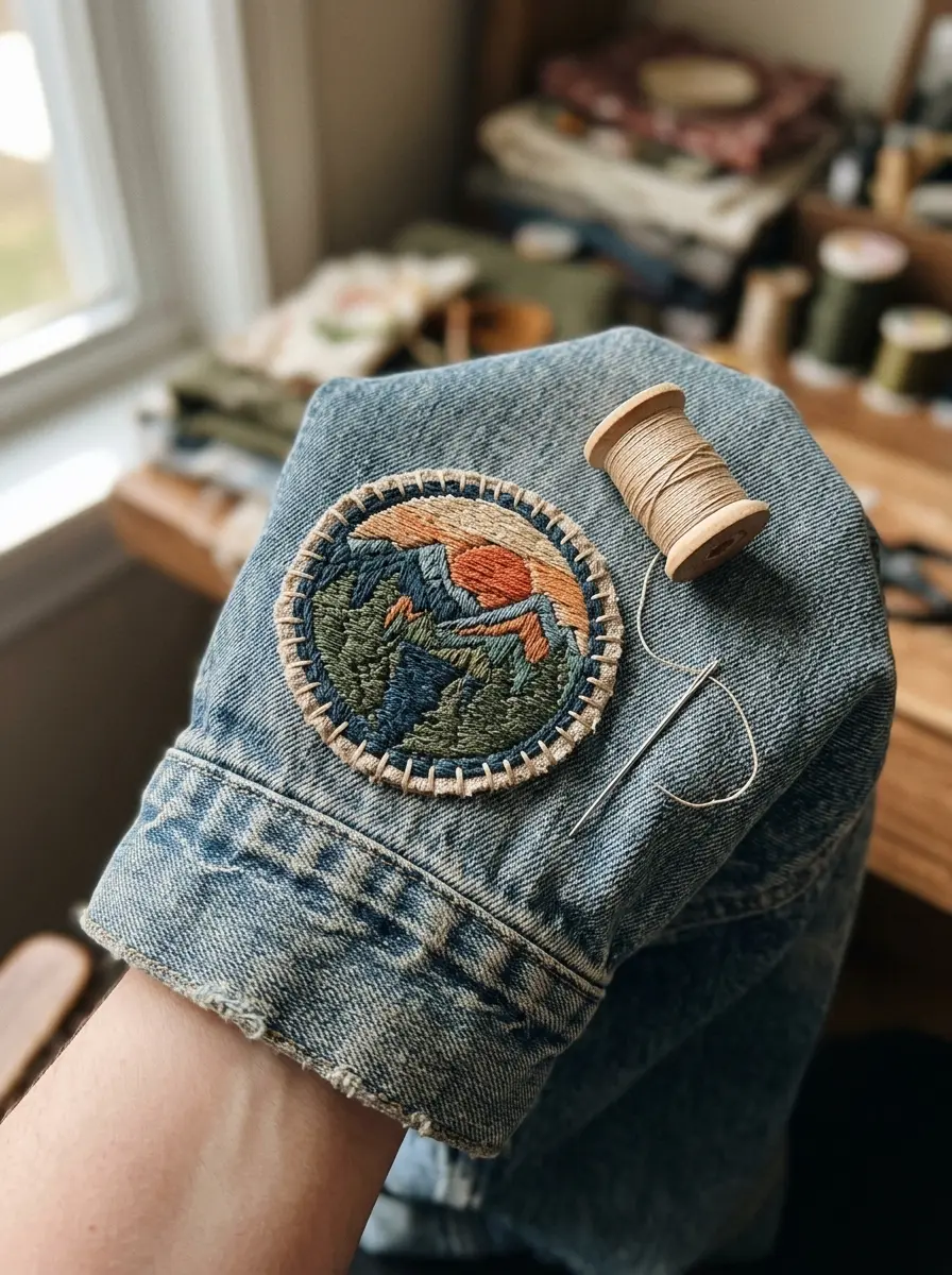 A sew-on patch stitched to a denim jacket sleeve