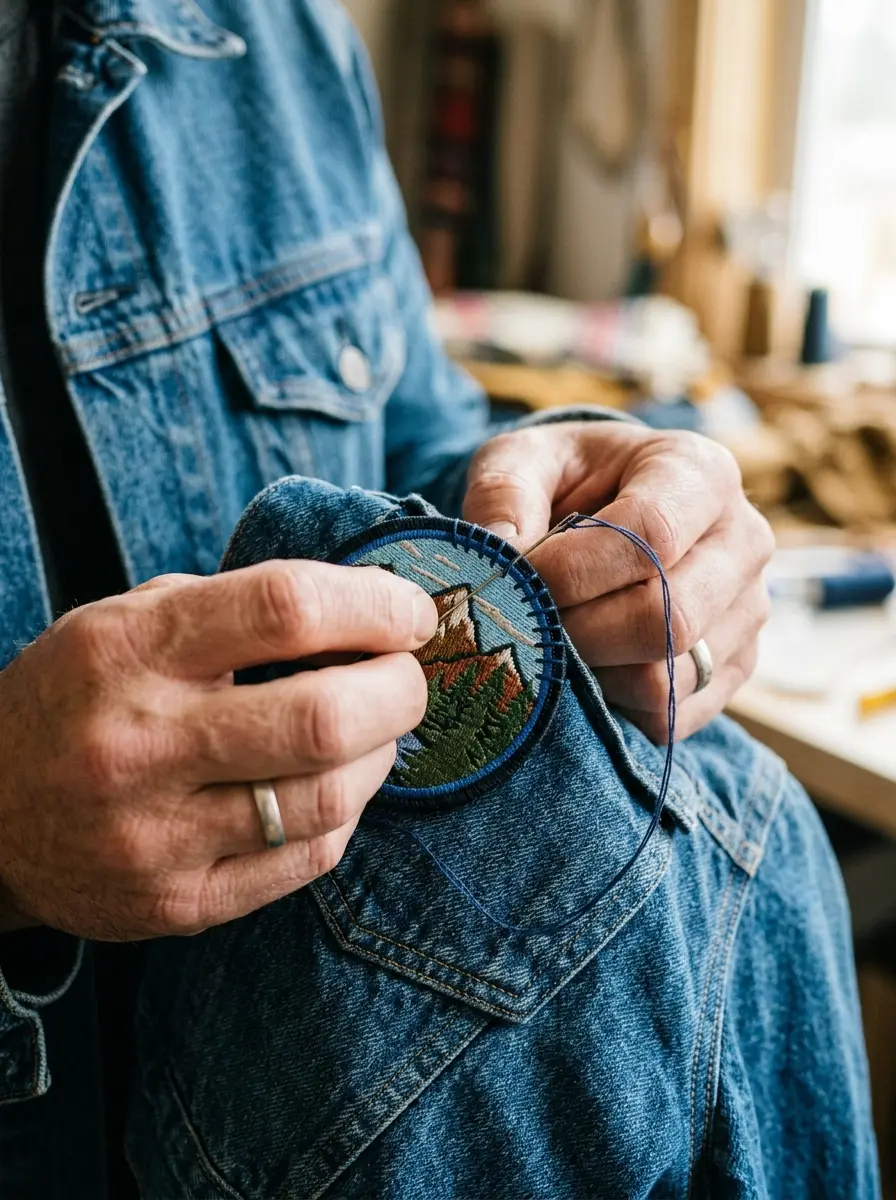 Hands whip-stitching a patch edge onto a denim jacket