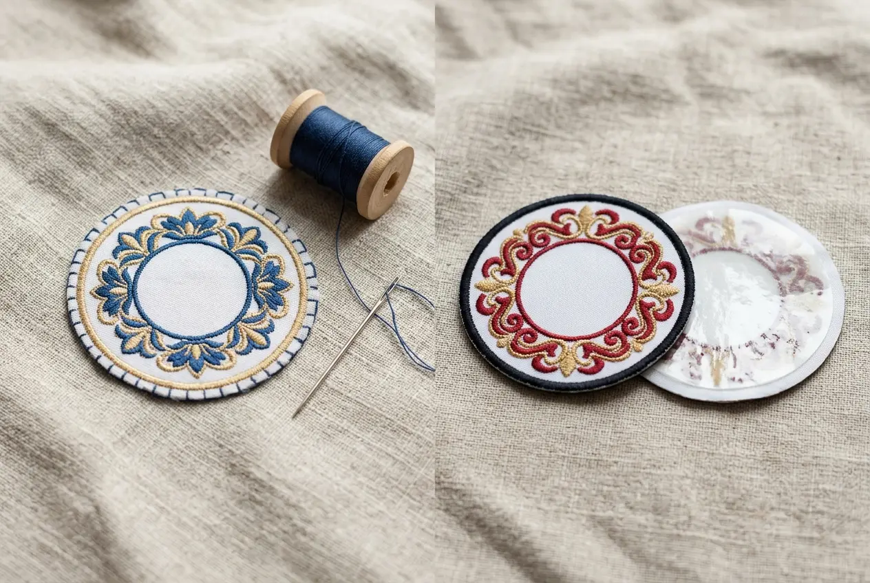 Sew-on patch with thread beside an iron-on patch with a shiny glue back