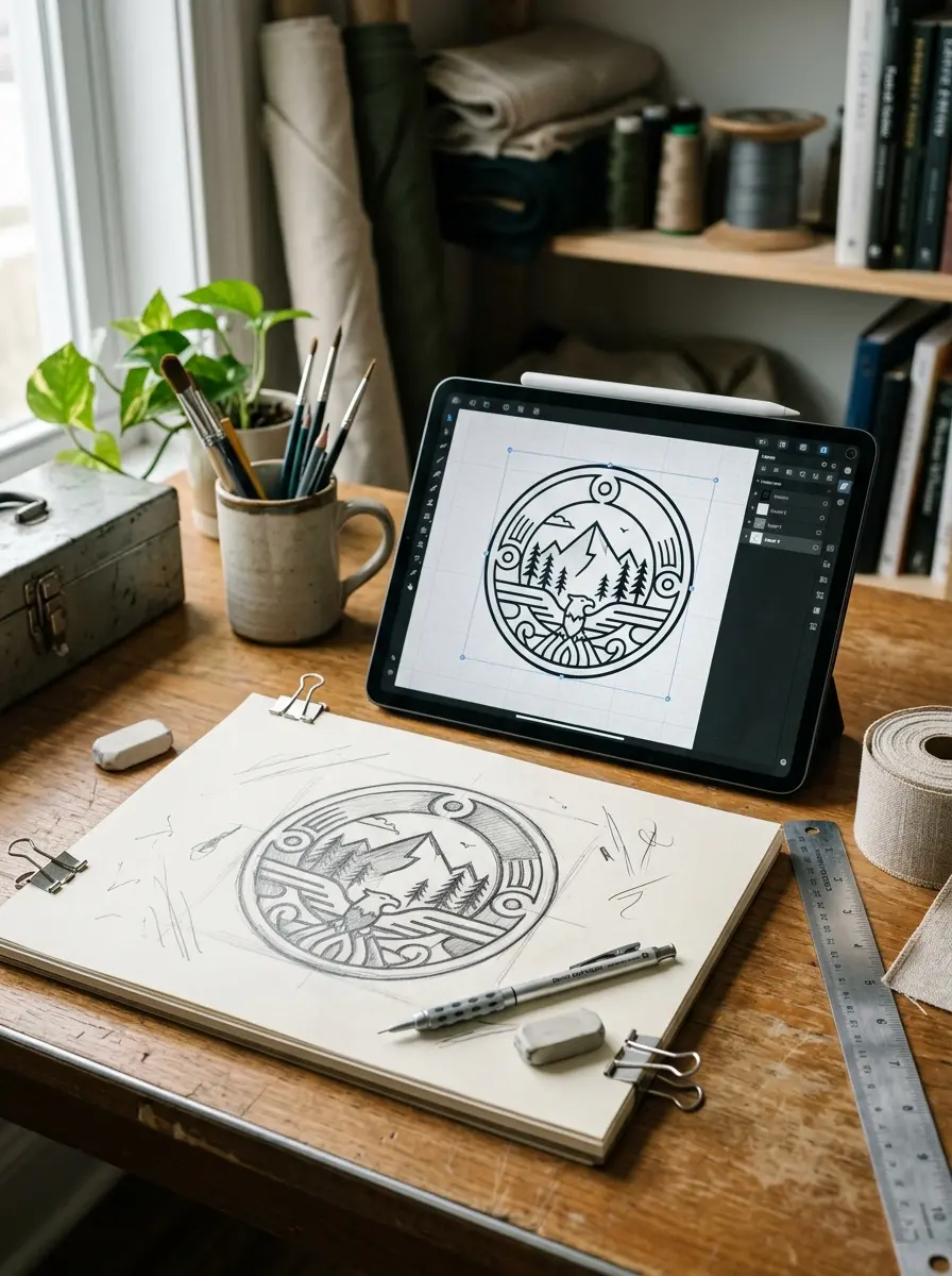 A designer's desk with a sketch, a tablet and a printed logo for a patch