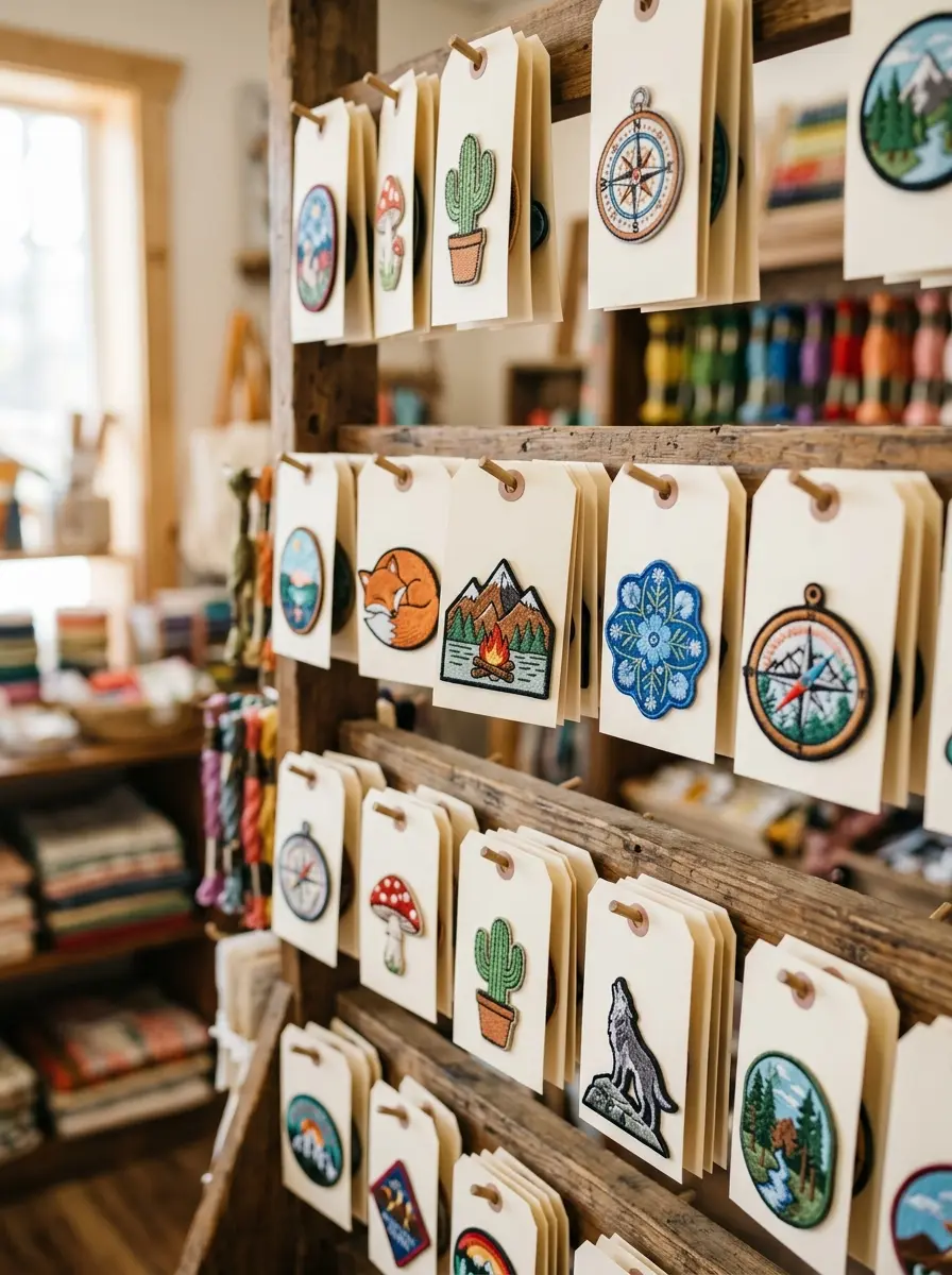 A rack of ready-made patches in a craft shop