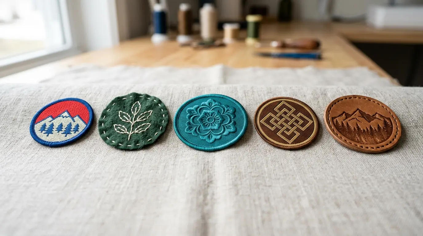 Five patches laid out in a row on linen, each from a different source