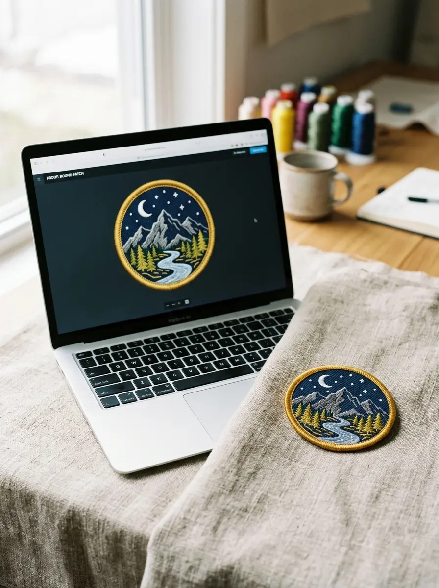 A digital proof of an embroidered patch on a laptop screen