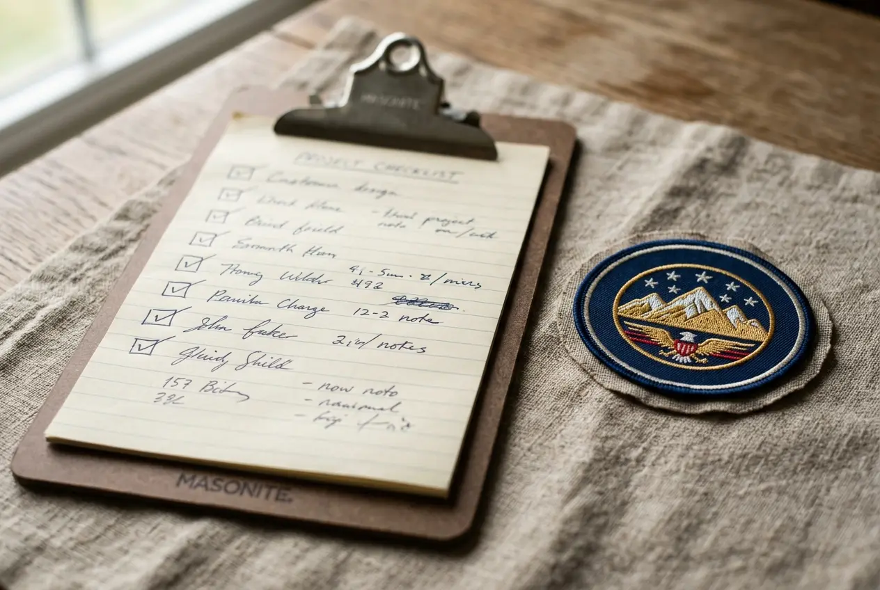 A checklist on a clipboard next to a finished patch