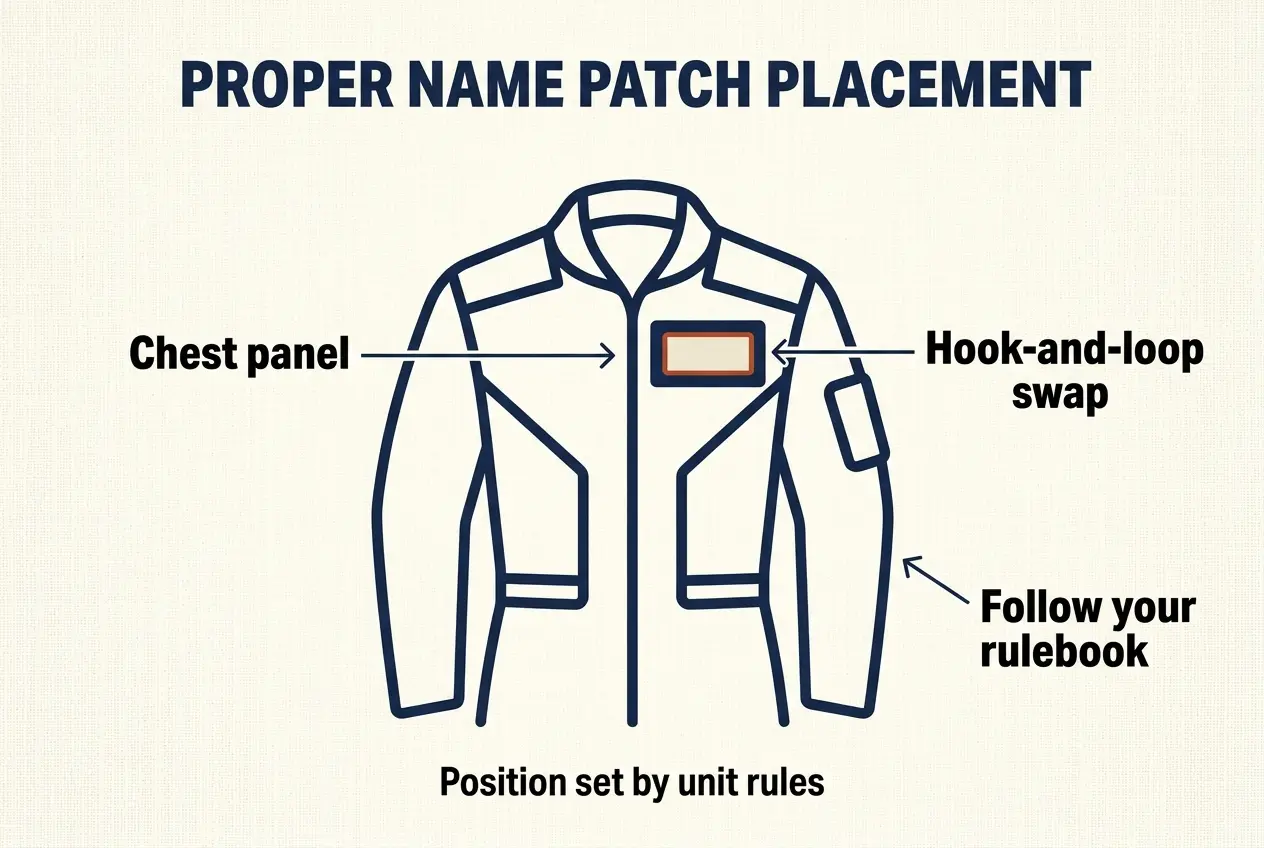 Flat infographic of a flight suit chest with a hook-and-loop panel and name patch position