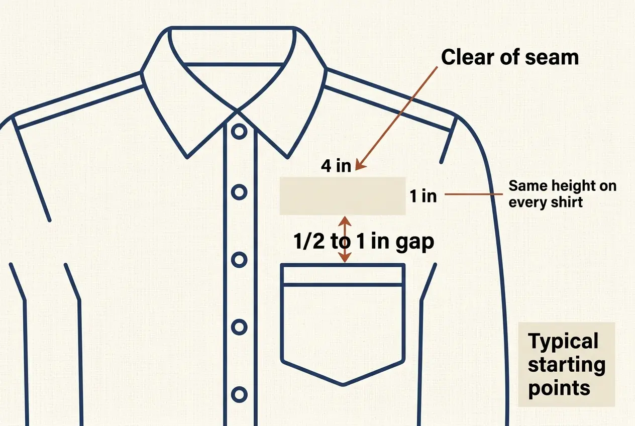 Flat infographic showing a work shirt front with name patch position above the right chest pocket and labeled gap