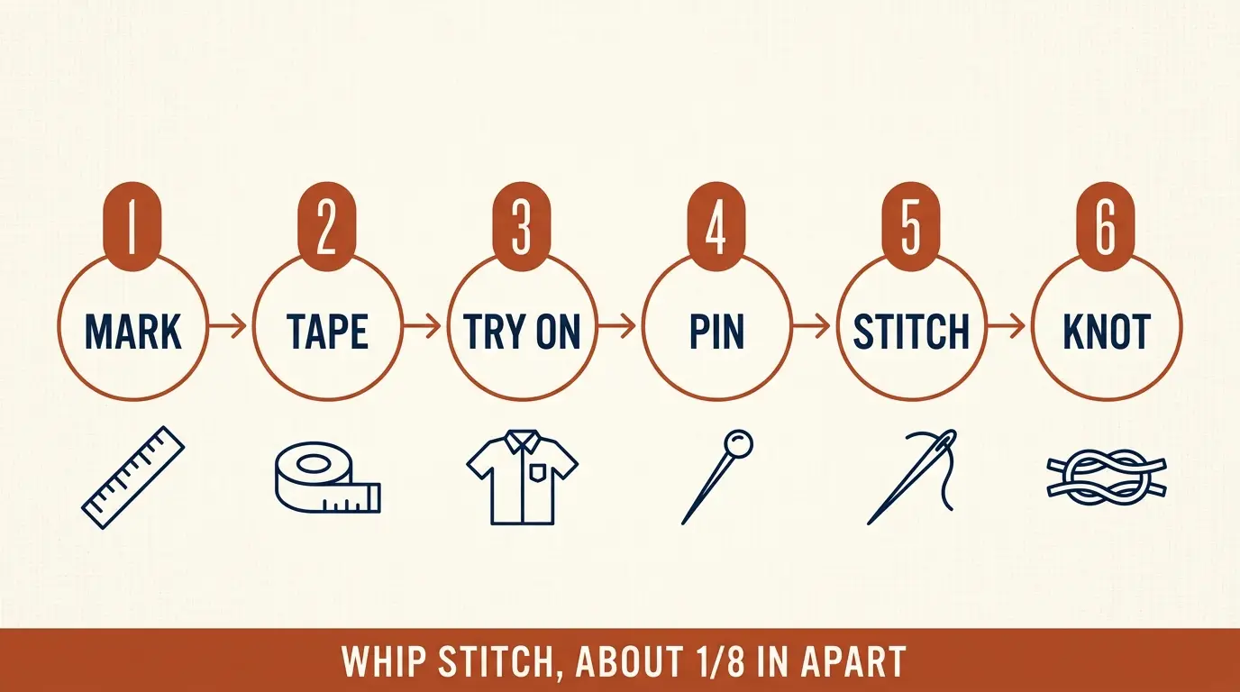 Step flow infographic for placing and sewing a name patch level
