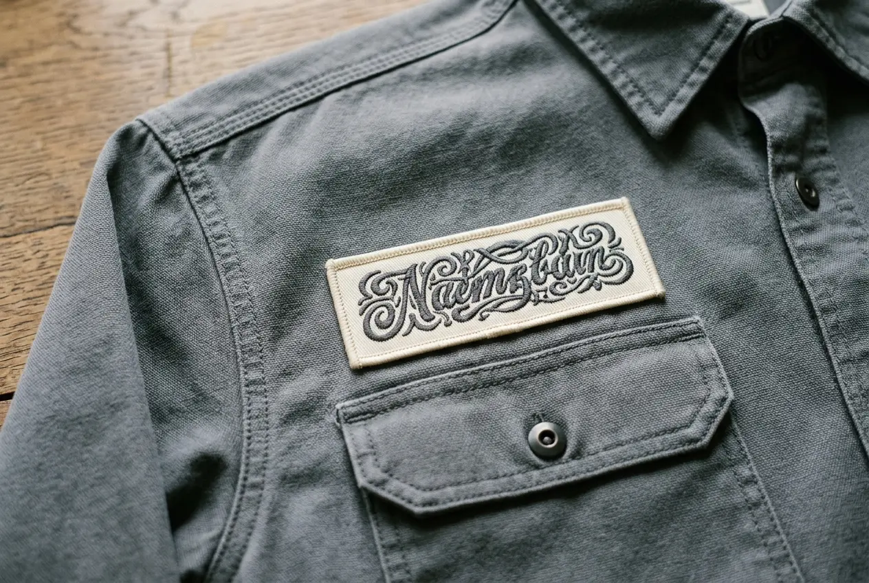 Embroidered name patch sewn above the right chest pocket of a grey work shirt