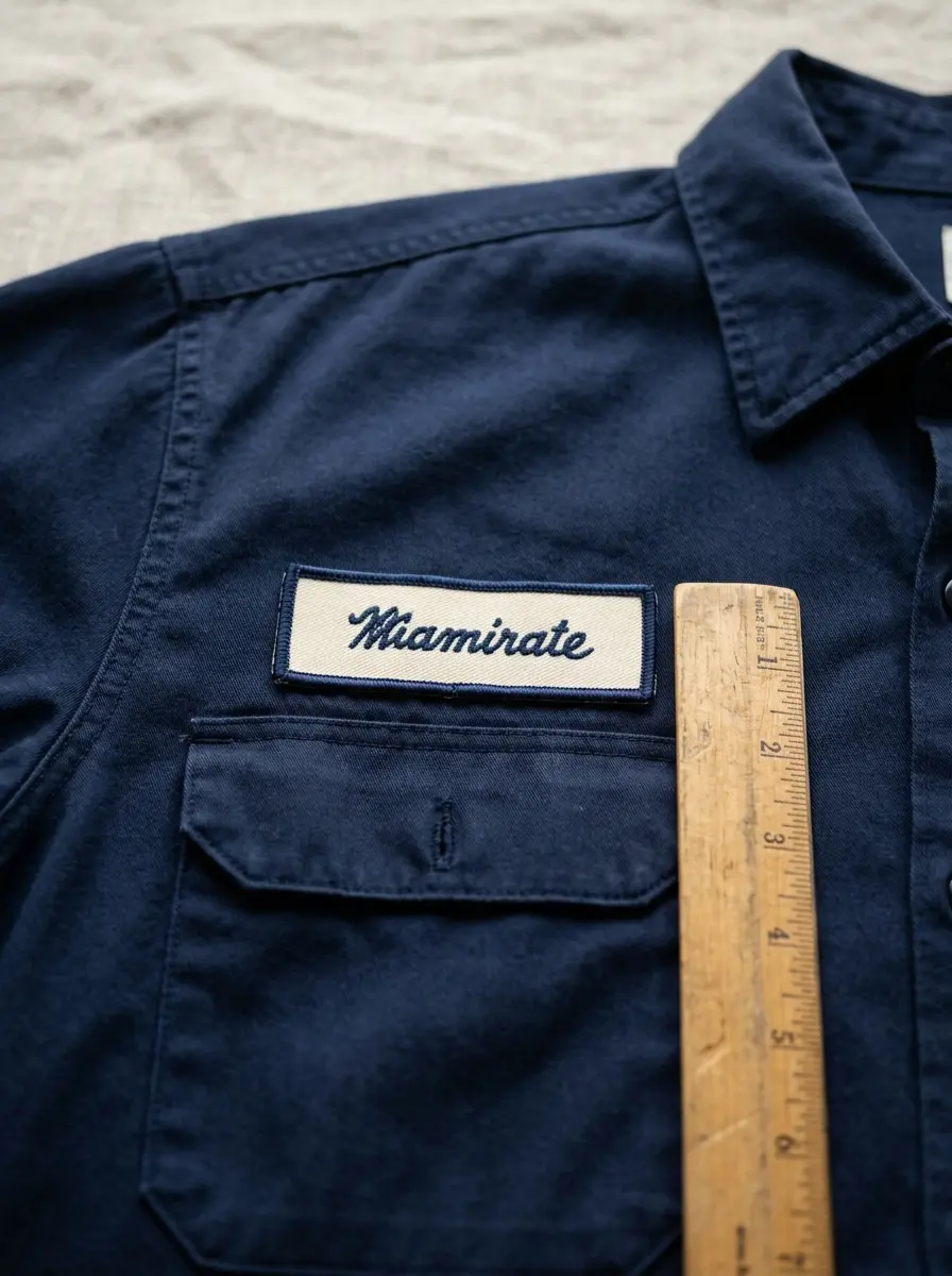 Navy work shirt chest with a cream embroidered name patch sitting above a buttoned pocket, a ruler beside it
